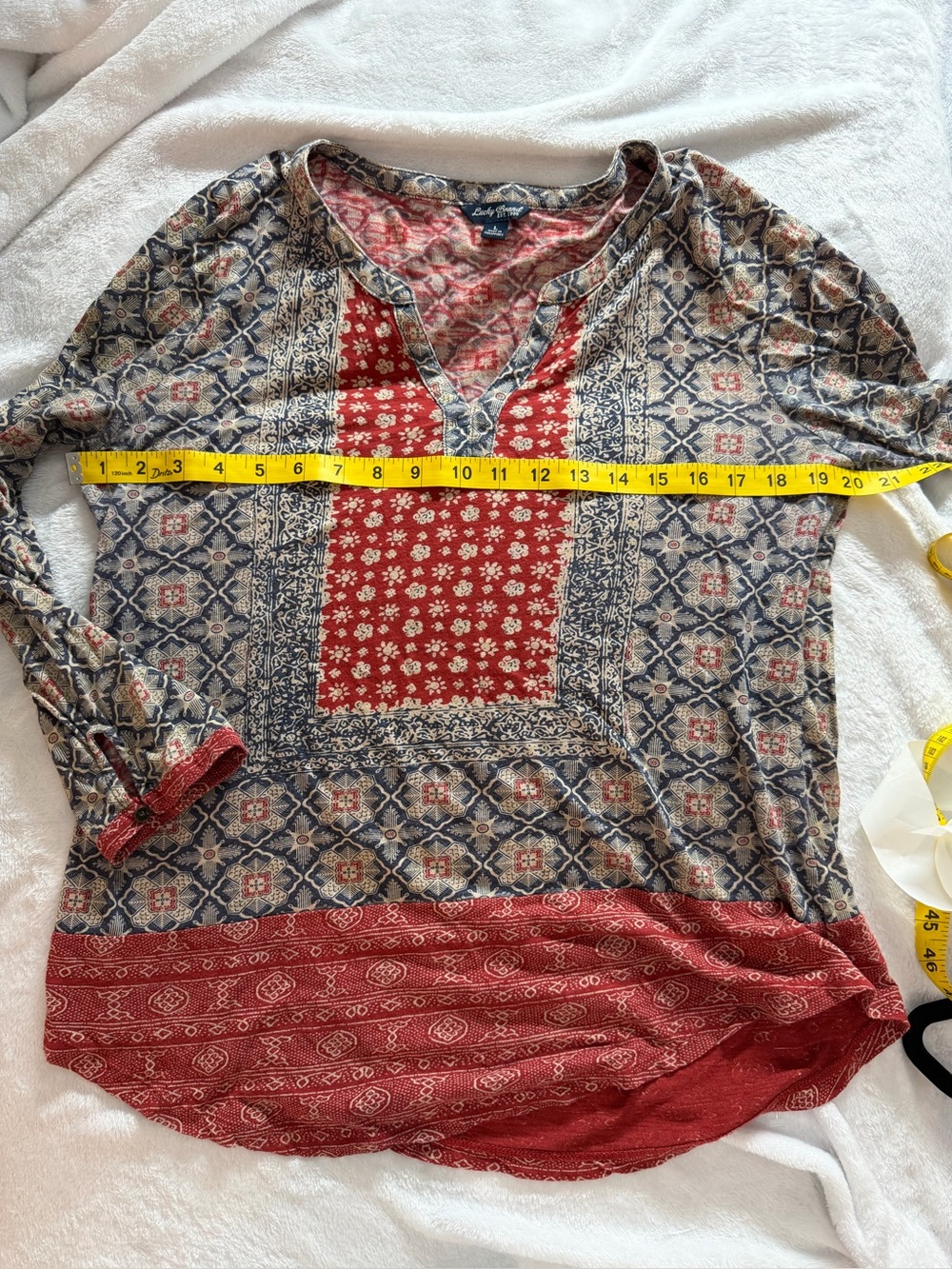 Boho Print V-Neck Women's Top in Red and Navy2462